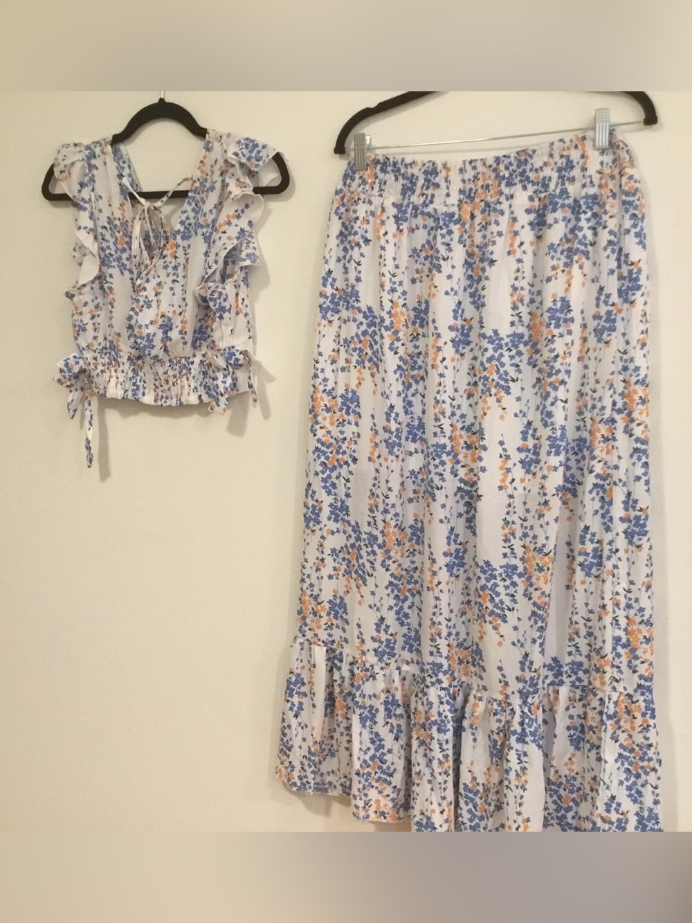 Two-Piece Floral Skirt Set in White with Blue & Peach Blossoms